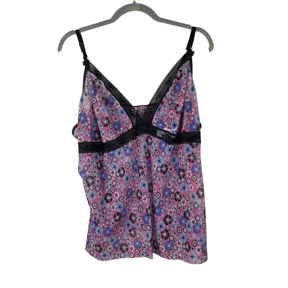 Cacique Floral Mesh Babydoll Cami with Black Lace Trim Pink Purple 26/28
